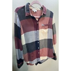 Lucky Brand Plaid Button Up Shirt Burgundy Blue Cream Gorpcore Classic‎